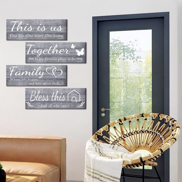 bulk purchase joyhawk 4 pieces wall decor signs, this is us, together, bless this home, family rustic wooden farmhouse wall art décor for living room bedroom kitchen, , 4.7 x 13.8 inch(grey) trade price