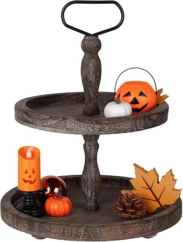 wholesale direct mustry rustic wooden 2 tiered tray, round farmhouse kitchen table decor serving tier tray, food fruits cupcake display coffee bar home party seasonal decorations (brown) bulk purchase at factory prices
