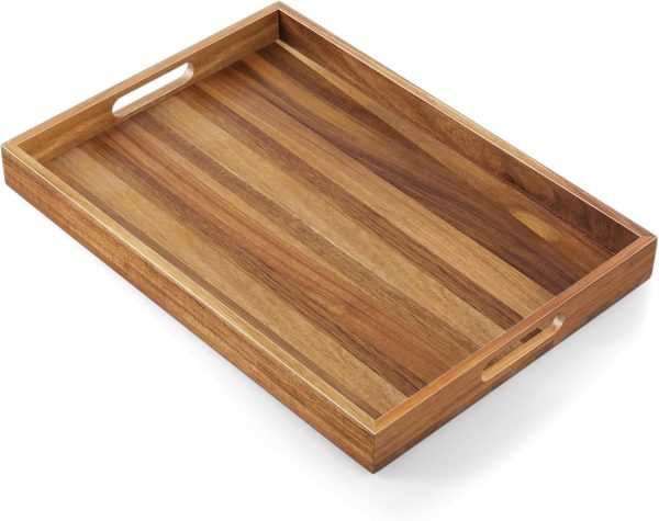wholesale direct 17 inch acacia wood serving tray with handles - large wooden tray for ottoman, breakfast in bed, dinner, coffee table - decorative rectangular tray for living room bedroom entryway and kitchen bulk purchase at factory prices