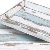 wholesale direct deco 79 wood living room decor tray distressed ottoman tray with blue stripes and jute handles, set of 2 serving tray 18", 15"w, white bulk purchase at factory prices