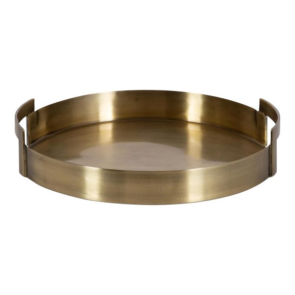 wholesale direct kate and laurel myo transitional metal round tray, 15 x 15, brass, modern glam circular decorative serving tray with handles for storage, display, and decor bulk purchase at factory prices