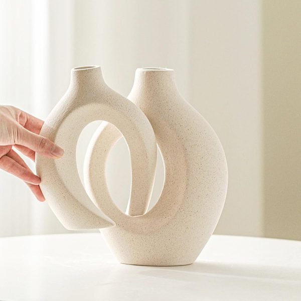 dropship from factory snuggle hollow ceramic vase set of 2, nordic modern boho ins style decorative ceramic aesthetic flower vase for home decor (milky white w 6.3" x h 8.4") mass production supply