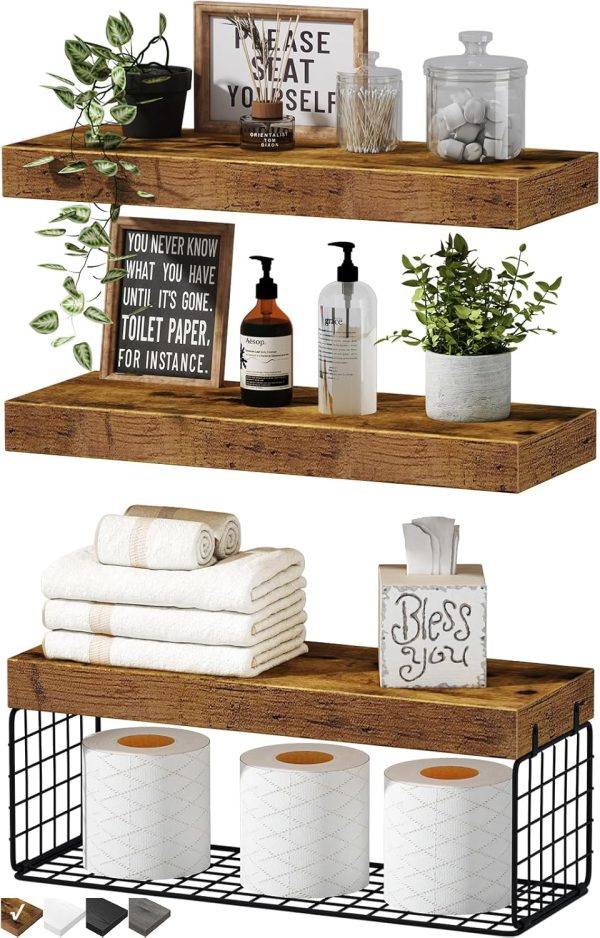 bulk purchase qeeig bathroom shelves over toilet wall mounted floating shelves farmhouse shelf toilet paper storage small 16 inch set of 3, rustic brown (019-bn3) trade price