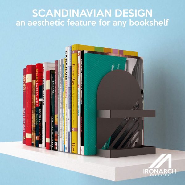 supplier direct iron arch modern and decorative bookends for heavy books, 200% stronger & heavier than the average bookends, large bookends with matching bonus storage cup (carbon black) wholesale prices