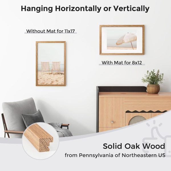 bulk purchase axeman 11x17 picture frame with mat for 8x12, solid oak wood poster frame with tempered glass, natural wooden 11''x17'' photo frame for wall home decor art photo and prints with wall hooks, natural trade price