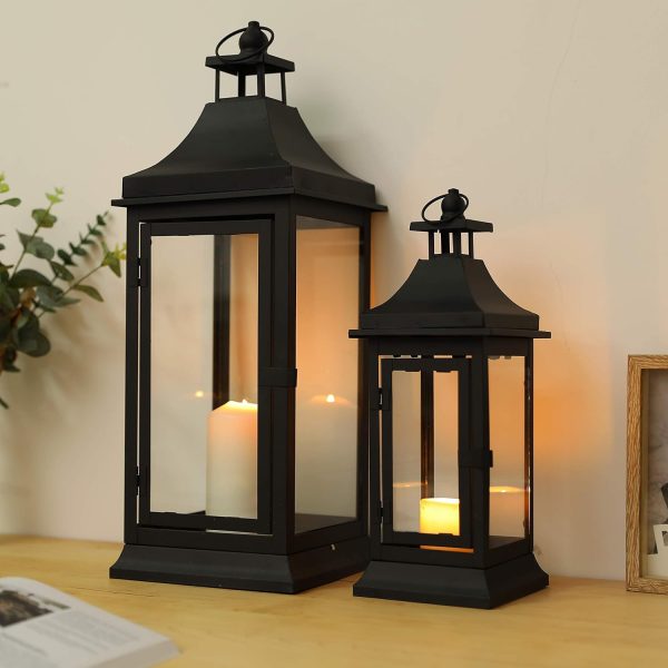 custom wholesale jhy design set of 2 13''&19.5''tall outdoor candle lanterns vintage hanging tower lantern metal candle holder for garden living room indoor outdoor parties weddings balcony(black) oem/odm services