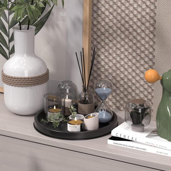 wholesale direct hgf decorative tray for coffee table, 12 inch metal iron round serving trays for kitchen counter organizer dining table centerpiece for display candle vase, black round tray for bathroom decor bulk purchase at factory prices