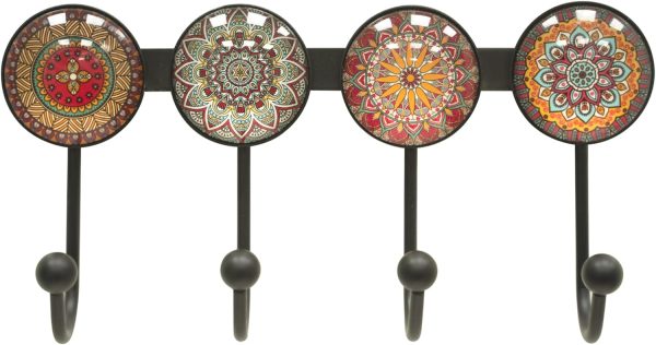 competitive pricing coat rack wall mounted with 4 hooks, round brown pattern decorative wall hooks for hanging hat, key, towel, purse, bag and robe, for entryway bathroom organizer hanger one-stop wholesale
