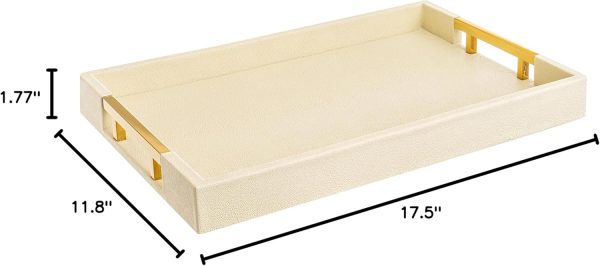 wholesale direct modern elegant 18"x12" rectangle cream glossy shagreen decorative serving tray with gold polished metal handles by home redefined for all occasion's bulk purchase at factory prices