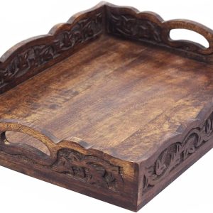 wholesale direct hand carved wooden serving tray - decorative breakfast tray with handles - rustic wooden food tray with intricate detail - unique furnishing accent - natural finish - 17 x 13 x 2.5 inch - cotton craft bulk purchase at factory prices