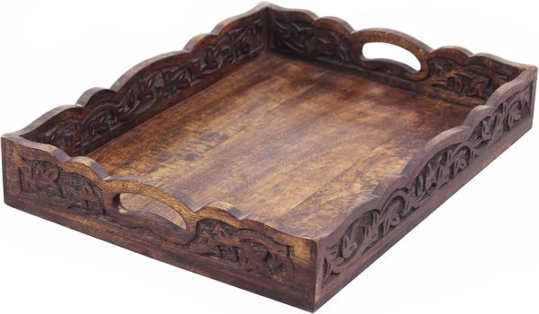 wholesale direct hand carved wooden serving tray - decorative breakfast tray with handles - rustic wooden food tray with intricate detail - unique furnishing accent - natural finish - 17 x 13 x 2.5 inch - cotton craft bulk purchase at factory prices