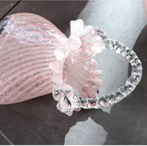 oem/odm services purse vase for flowers (handmade), glass bag vase, handbag shape flower vase, blown pink flower vase for basket, unique flower vase with handles, decorative for home decor, wedding affordable bulk deals
