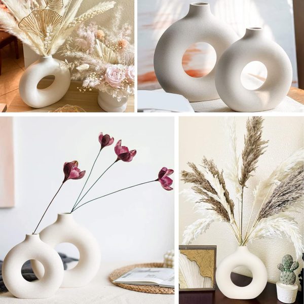 oem/odm services white ceramic vase, modern vase for minimalist decor, hollow round matte pampas flower vases for boho home wedding party room dinner table shelf decor (2pcs) affordable bulk deals