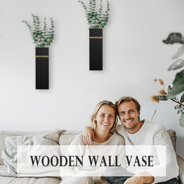 bulk purchase wall planters for indoor plants - 2 pack wood wall vases for dried flowers & artificial plants modern farmhouse wooden vase for living room bedroom kitchen wall decorations - black trade price