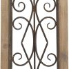 bulk purchase deco 79 wood scroll home wall decor window inspired wall sculpture with metal scrollwork relief, wall art 11" x 2" x 23", brown trade price