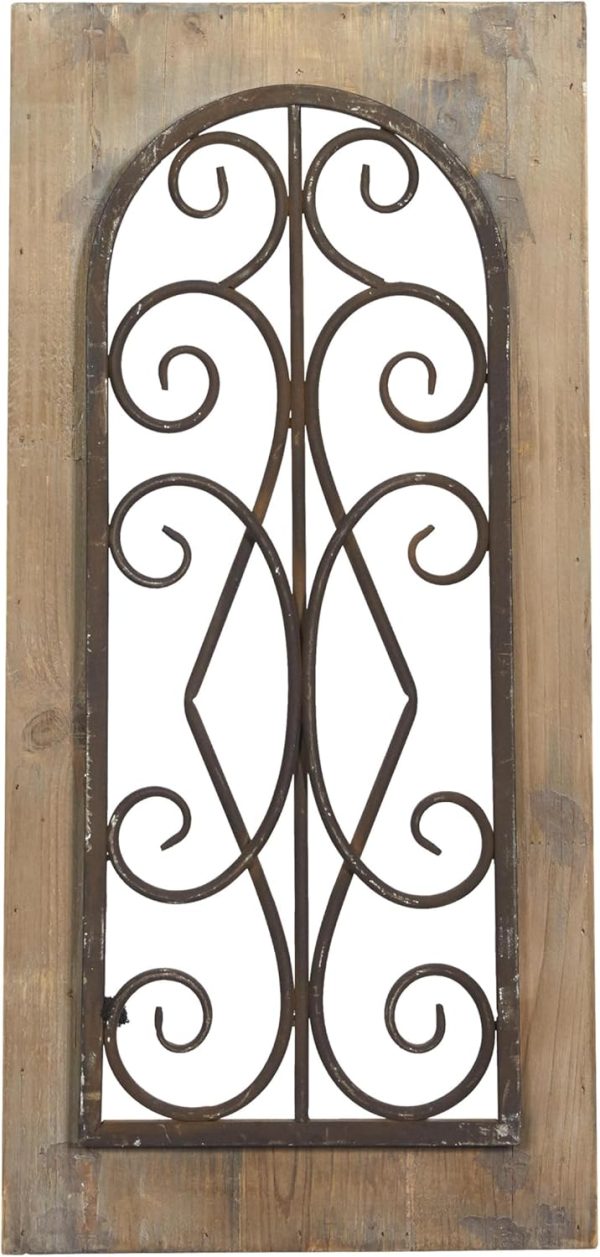 bulk purchase deco 79 wood scroll home wall decor window inspired wall sculpture with metal scrollwork relief, wall art 11" x 2" x 23", brown trade price