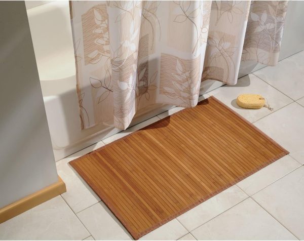 manufacturer direct mdesign natural bamboo rectangular spa bath mat rug with fabric trim - water resistant non-slip shower floor rugs for bathroom vanity, bathtub - echo collection - 2 pack - natural/tan trade price