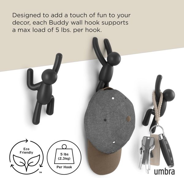 competitive pricing umbra buddy wall hooks – decorative wall mounted coat hooks for hanging coats, scarves, bags, purses, backpacks, towels and more, set of 3, black one-stop wholesale