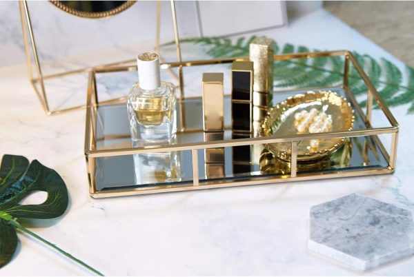 wholesale direct putwo tray mirror, gold dresser ornate tray metal decorative tray jewelry perfume organizer makeup tray for vanity, dresser, bathroom, bedroom bulk purchase at factory prices