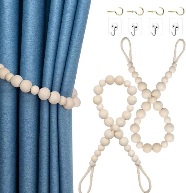 bulk purchase hion 2 pcs boho curtain tiebacks,wood beads curtain holdbacks,outdoor farmhouse tie backs for curtains,curtain holders for drapes home office decor with hooks no drilling(wood color) factory discount