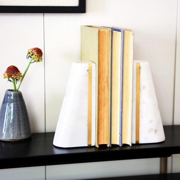 supplier direct main + mesa geometric marble bookends with brass inlay, white wholesale prices