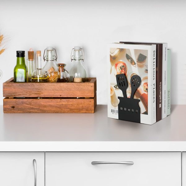 supplier direct black kitchen bookends 5.9 x 3.9 x 3.9 inch spoon decorative cookbook metal book ends with non-slip mat metal cookbook storage books stoppers metal kitchen cookbook holder for shelves kitchen book wholesale prices