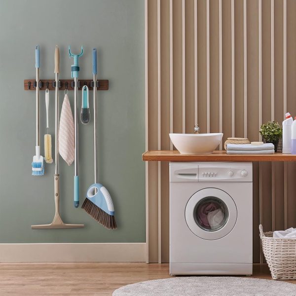 bulk purchase mop and broom holder wall mount - rustic wood broom mop hanger - wall mounted garden tool rack organizer for closet garage laundry room kitchen decor with 4 slots & 4 hooks trade price