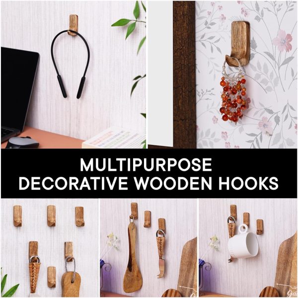 competitive pricing indian shelf 6 pack no damage wood wall hooks- small adhesive wall hooks- boho key decorative wall hooks for hanging- wood hangers- sticky coat hooks wall mount- towel hooks for bathroom wall mounted one-stop wholesale