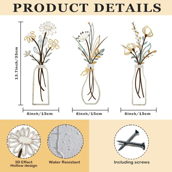 factory direct pigort 3 pieces metal flowers wall arts - rustic farmhouse decor beige minimalist flower wall decors for living room bathroom bedroom dining room-housewarming gifts (beige gold, vase-c) volume discount