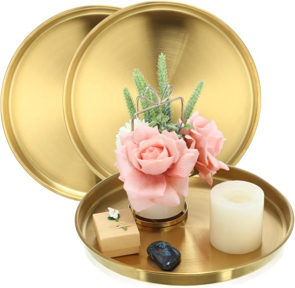 wholesale direct thenshop 3 pieces round serving tray stainless steel round coffee table tray circle decorative tray decorative vanity tray jewelry makeup organizer for bathroom candle perfume (gold,12 inch) bulk purchase at factory prices