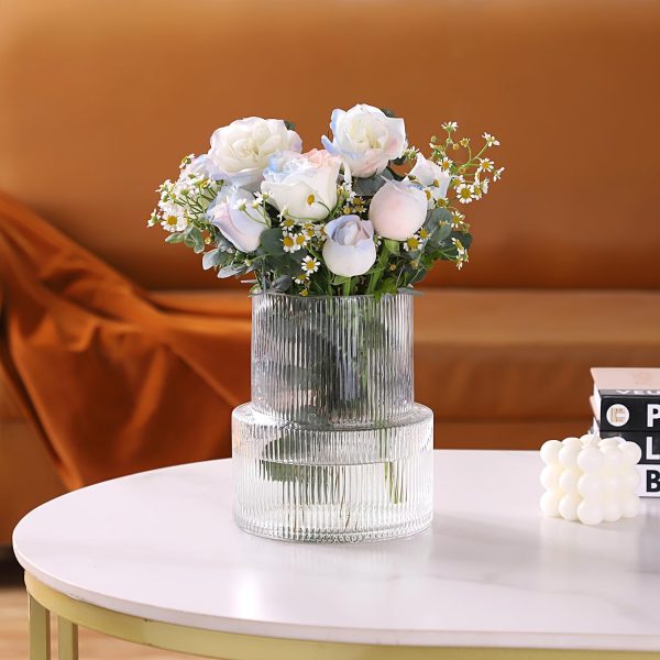 oem/odm services glass vase, ribbed vase, flower vase, fluted glass vase, clear vase, ribbed glass vase for flowers, modern vase for living room, dining table, entryway, shelf, wedding, office, 7.5 inches affordable bulk deals