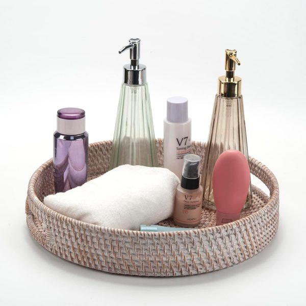 wholesale direct coffee table tray round rattan ottoman tray woven serving trays with handles for home and kitchen decorative white (large 14 inch x 2.8 inch) bulk purchase at factory prices