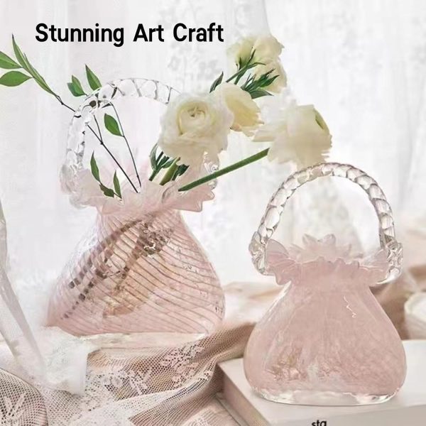oem/odm services purse vase for flowers (handmade), glass bag vase, handbag shape flower vase, blown pink flower vase for basket, unique flower vase with handles, decorative for home decor, wedding affordable bulk deals