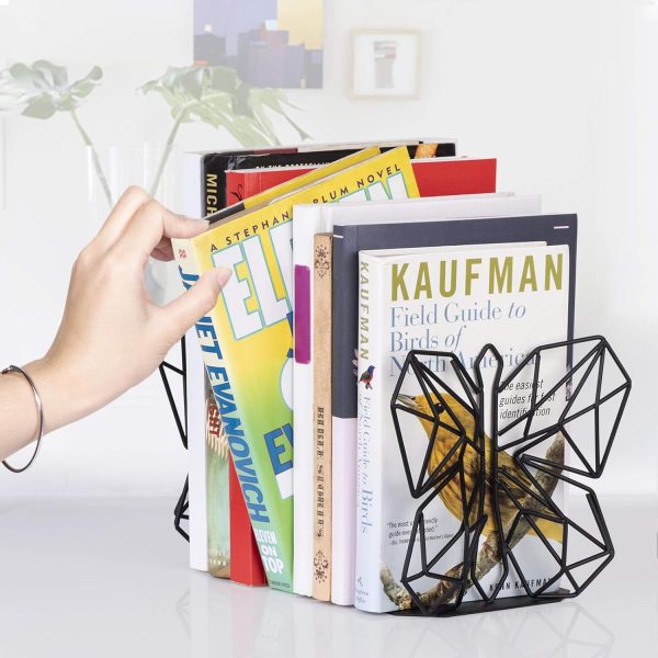 supplier direct alsonerbay bookends geometric decorative metal book stoppers abstract creative book supports, book holders for shelves, butterfly book ends for office 1 pair (black) wholesale prices