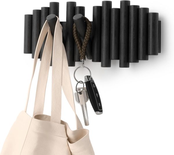 competitive pricing umbra picket wall-mounted coat rack rail hook with 5 retractable wood pegs – modern, space-saving storage organizer, black one-stop wholesale