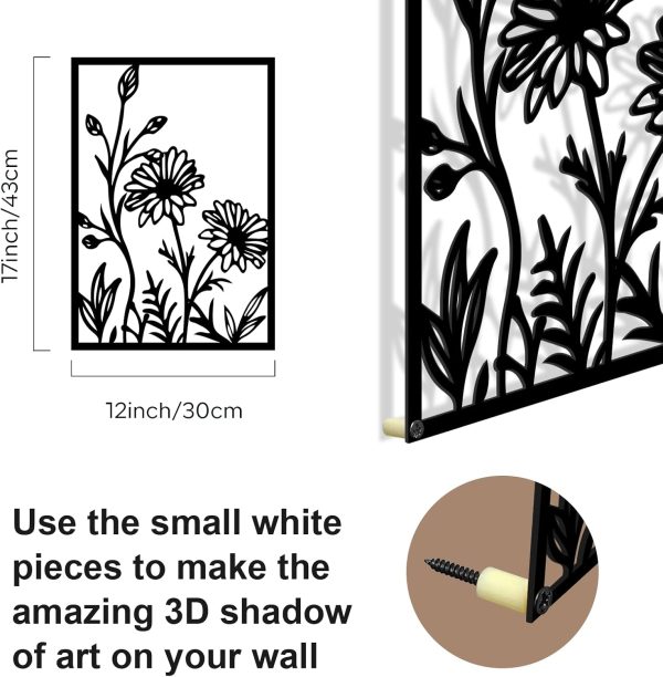 factory direct glamativity 4 pcs black abstract flowers metal wall art, 17 x 12'' minimalist floral single line wall décor, 3d textured sculptures, rustic nature wall art décor for living room, bedroom, study volume discount