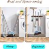 bulk purchase mop and broom holder wall mount - rustic wood broom mop hanger - wall mounted garden tool rack organizer for closet garage laundry room kitchen decor with 4 slots & 4 hooks trade price