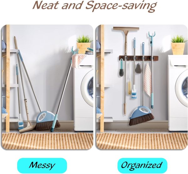 bulk purchase mop and broom holder wall mount - rustic wood broom mop hanger - wall mounted garden tool rack organizer for closet garage laundry room kitchen decor with 4 slots & 4 hooks trade price