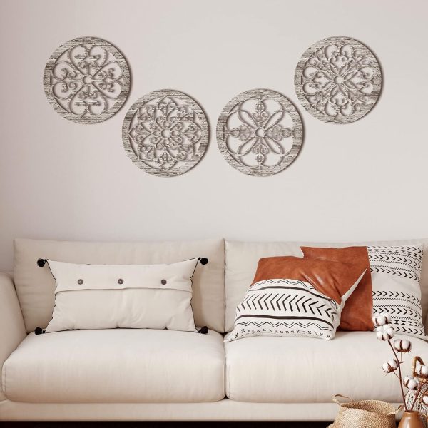 bulk purchase yulejo 4 pcs thicken rustic wall decor farmhouse wall art wooden hollow carved design decor rustic round wall art for living room bedroom hallway decor kitchen wall (retro white,9.8 x 9.8 inch) trade price