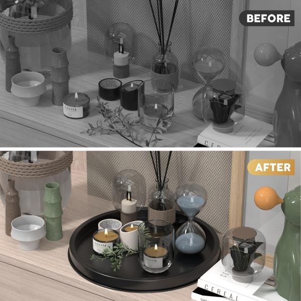 wholesale direct hgf decorative tray for coffee table, 12 inch metal iron round serving trays for kitchen counter organizer dining table centerpiece for display candle vase, black round tray for bathroom decor bulk purchase at factory prices