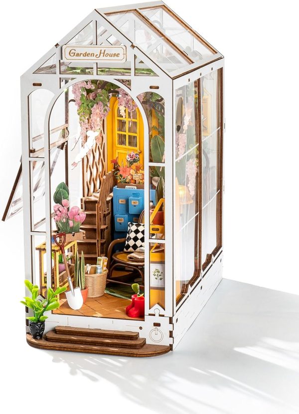 supplier direct rolife book nook kit wooden bookcase 9.5" garden house miniature kit with led decorative bookends, 3d puzzles for adults craft hobby for girls boys adults wholesale prices