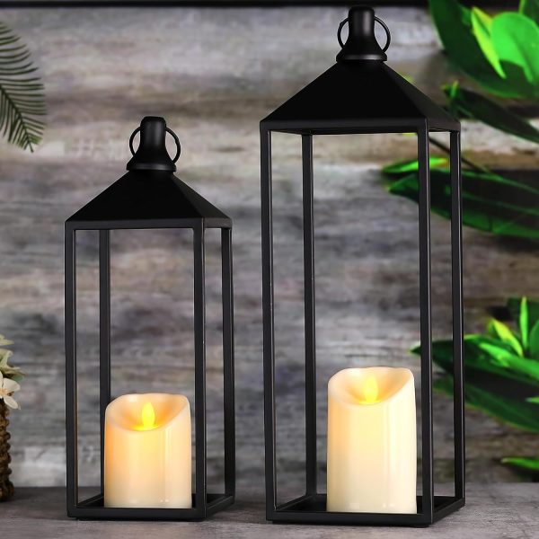 custom wholesale lanterns decorative outdoor indoor, 17" 13" set of 2 black vintage lantern with flameless candle, modern farmhouse lantern decor for room, christmas lanterns decorative for porch, garden oem/odm services