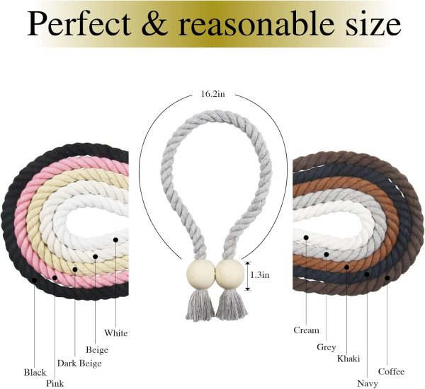 bulk purchase 4 pack grey magnetic curtain tiebacks cotton hand woven tieback holdback decorative tie backs for drapes with wooden buckle no tools required factory discount