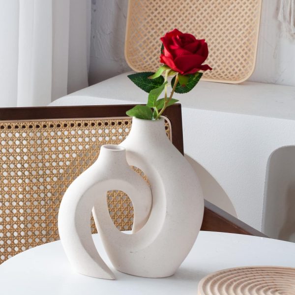 oem/odm services off white hollow ceramic vase set of 2, round modern vase for nordic minimalist book style shelf decor, donut boho aesthetic vases for trendy home living room entryway coffee table decorative affordable bulk deals