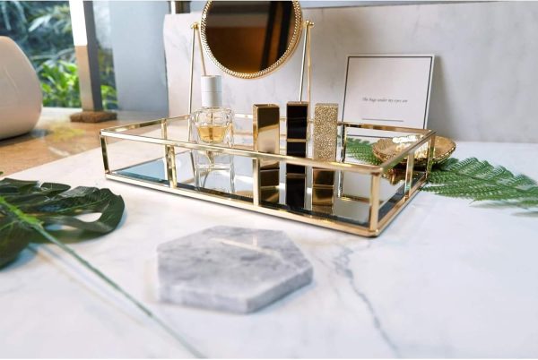 wholesale direct putwo tray mirror, gold dresser ornate tray metal decorative tray jewelry perfume organizer makeup tray for vanity, dresser, bathroom, bedroom bulk purchase at factory prices