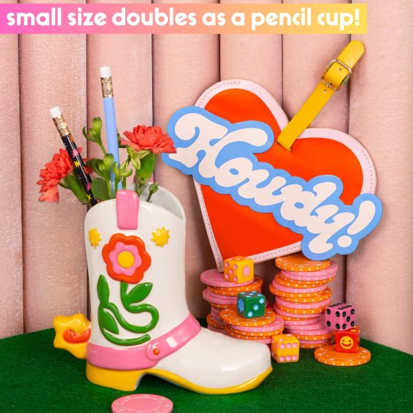 oem/odm services ban.do small cowboy boot vase, cute cowgirl boot vase, colorful ceramic shelf decor for home or office, unique/quirky/funky/fun flower vase doubles as pencil cup, giddy up affordable bulk deals