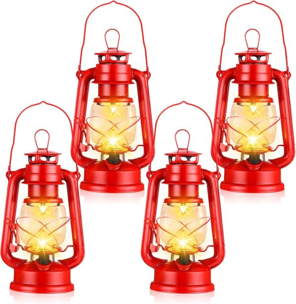 custom wholesale 4 pcs led vintage lanterns battery operated lantern warm white old hurricane lantern antique metal hanging led lantern lamp with dimmer switch for indoor table outdoor camping lighting (red) oem/odm services