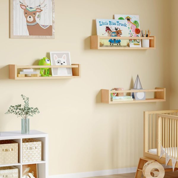 bulk purchase fixwal nursery shelves, 16.5 inch floating bookshelves for wall set of 3, baby nursery decor, solid wood wall mounted shelves for books (natural wood) trade price