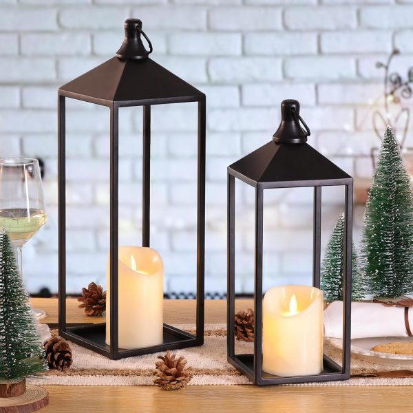 custom wholesale lanterns decorative outdoor indoor, 17" 13" set of 2 black vintage lantern with flameless candle, modern farmhouse lantern decor for room, christmas lanterns decorative for porch, garden oem/odm services