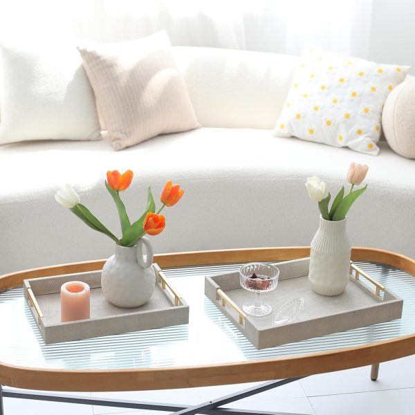 wholesale direct set of 2 shagreen serving tray with gold polished metal handles ivory wood decorative tray pu leather with brushed gold for coffee table ottoman console table bulk purchase at factory prices